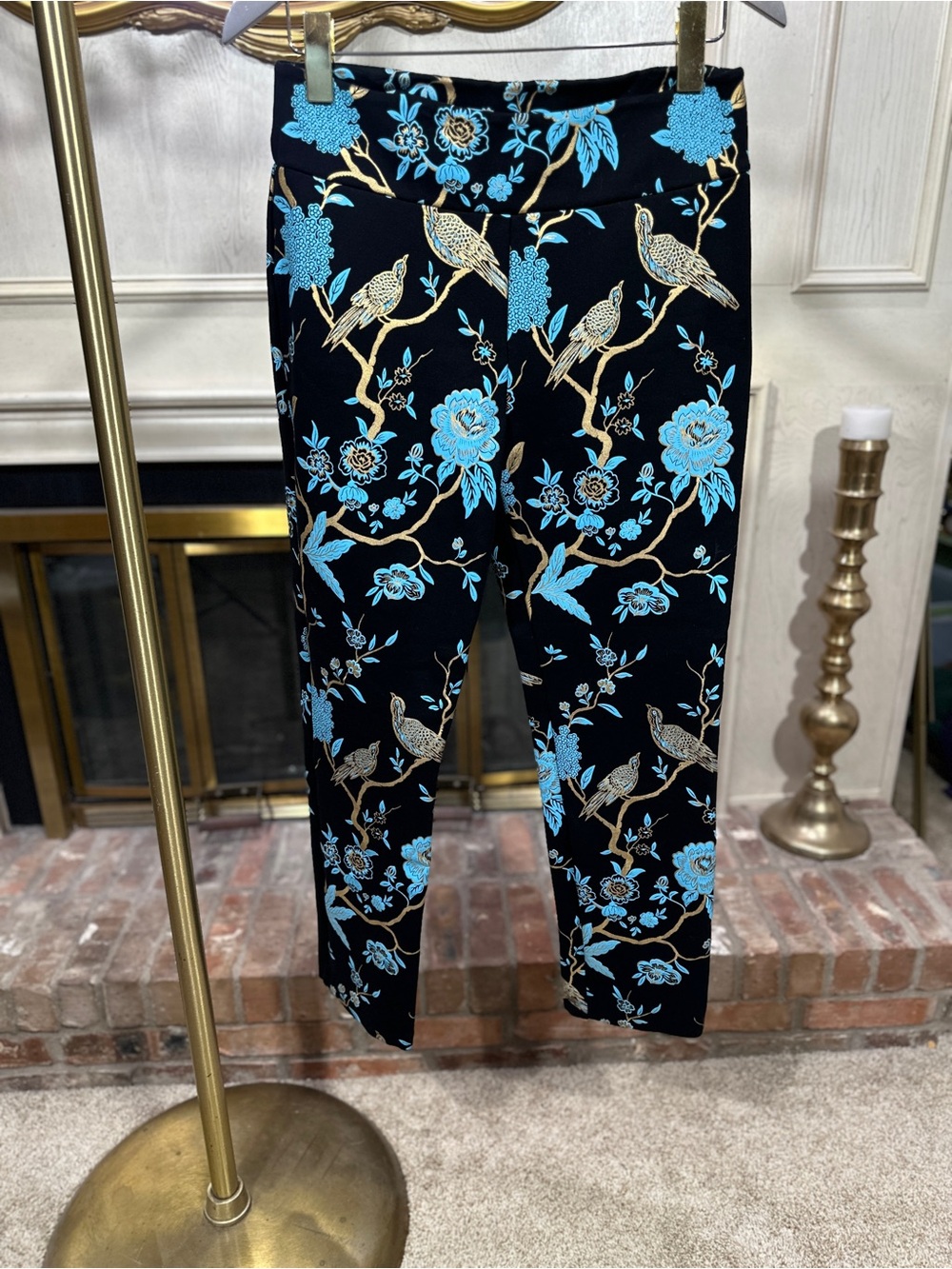 Soft Surroundings Pants Size‎ M Black Blue Gold Floral Chinoiserie Bird